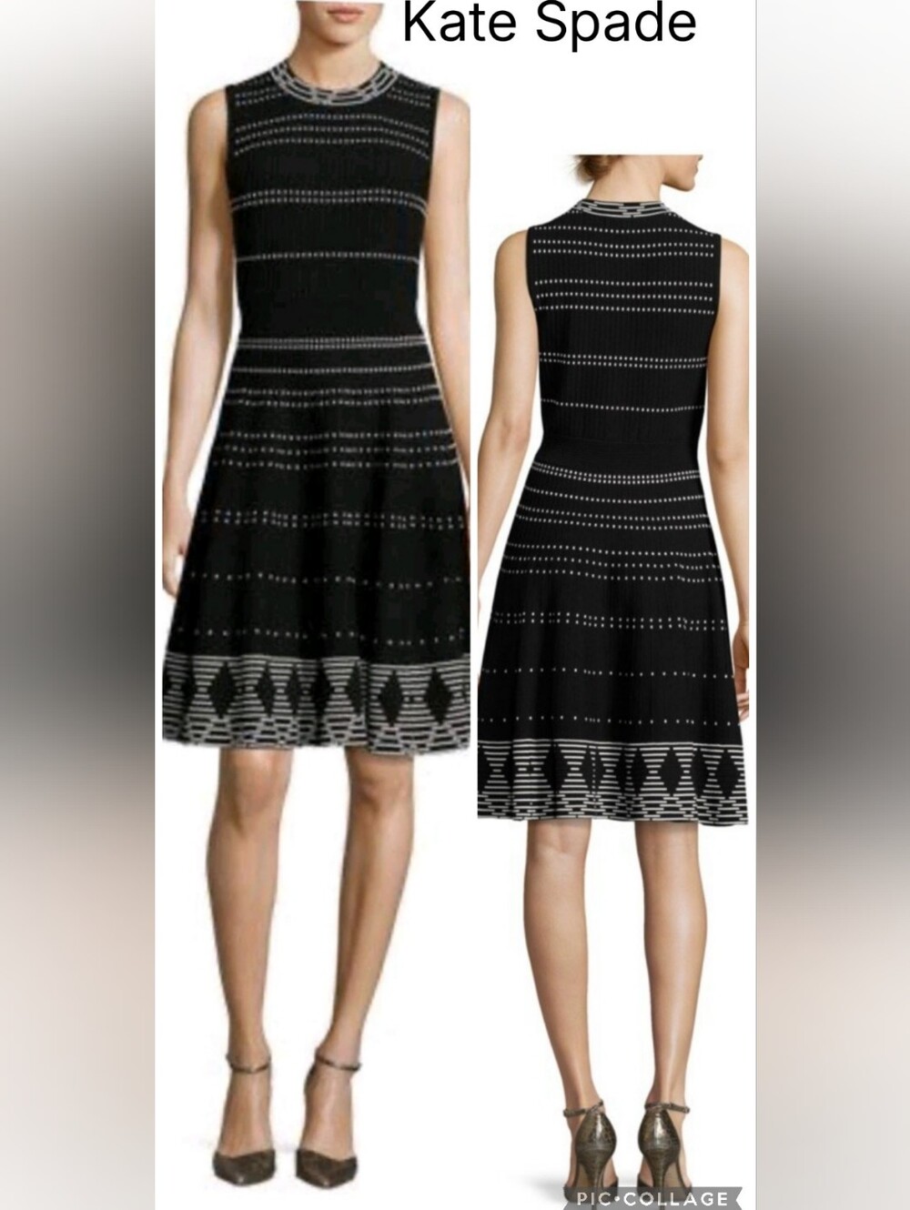 kate spade Black and White Sleeveless Fit-and-Flare Knit Dress Sz M